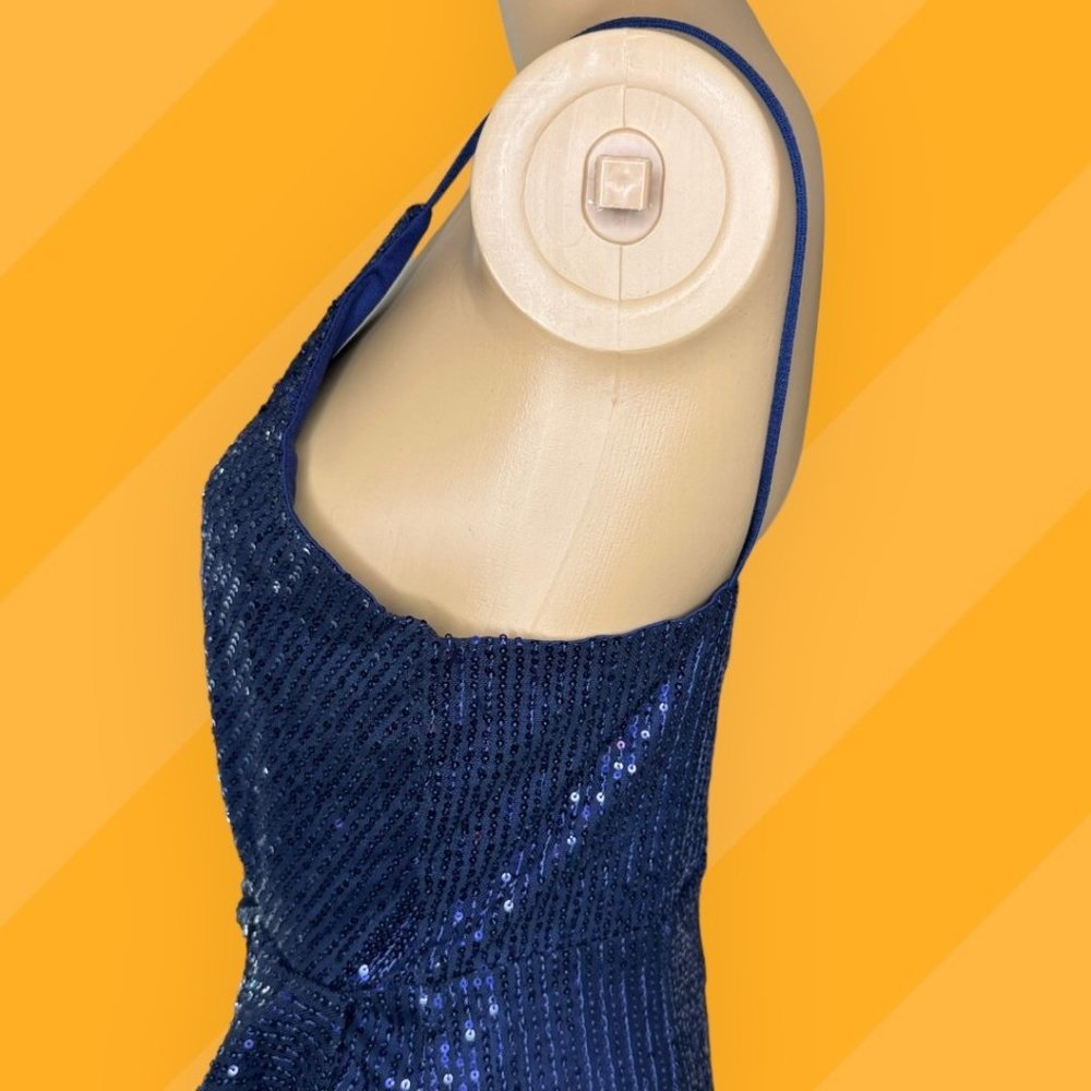 Double Crazy Blue Sequin Mini Dress Large L Lined Sleeveless Stretch V-Neck - Picture 8 of 16